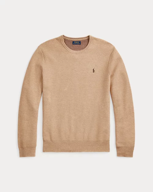 Cotton pique crew neck sweater - Camel blend